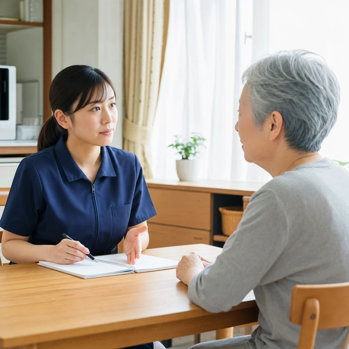 利用者と向き合い説明する訪問看護師