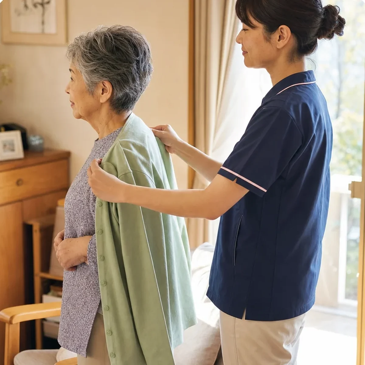 利用者の上着を整える訪問看護師